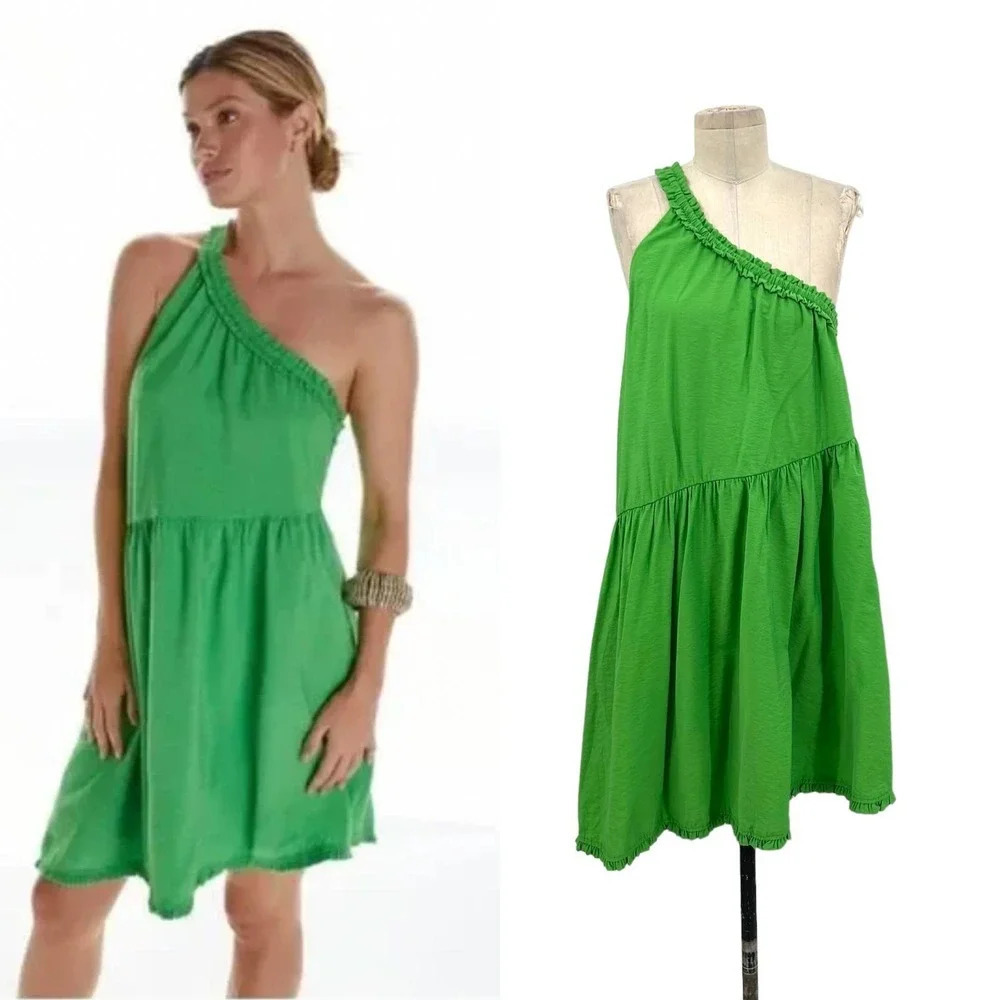 Anthropologie Ruffled One-Shoulder‎ Mini Dress Sleeveless Flowy Green Size Small